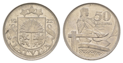 Латвия 50 сантимов 1922 год-тип KM 6 никель 4657-756