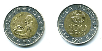 Португалия 100 эскудо 1991 Педру Нуниш (1502-1578), математик KM 645.1 биметалл 25-343