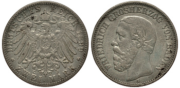 Баден 2 марки 1899 Фридрих I (1856-1907) J. 28, KM 269 серебро    3711-1744