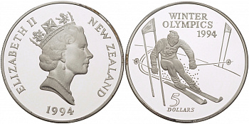 Новая Зеландия 5 долларов 1994 XVII зимние Олимпийские игры 1994 года в Лиллехаммере , слалом KM 96 серебро PROOF 11-090-41