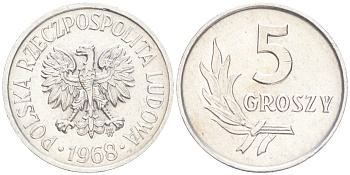 ПОЛЬША 5 ГРОШЕЙ 1966 MW KM А46 алюминий 4516-1218