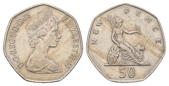 Великобритания 50 пенсов 1969 Елизавета II (1952-2022) KM 913, Spink 4223 (H1) медно-никель 4672-446