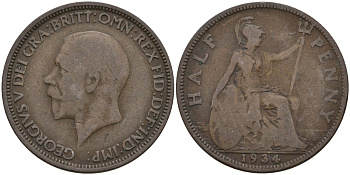 Великобритания 1/2 пенни 1930 Георг V (1910 - 1936) KM 837, Spink 4058 бронза 4146-154