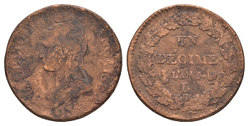 Франция 1 десим 1796 R, Lan 5 KM 645.7, Le Franc 128/10 бронза 109-733