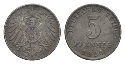 Германия 5 пфеннигов 1920 A KM 19, J. 297 железо плакированное цинком 4644-1121