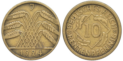 Германия 10 рентенпфеннигов 1924 J KM 33, J. 309 алюминиевая бронза 4604-651