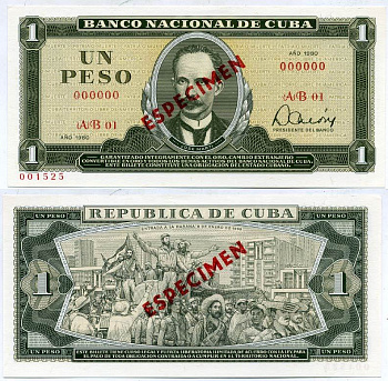 Куба 1 песо 1980 серия AB 01, ESPESIMEN, Хосе Марти, Фидель Кастро с повстанческими войсками входит в Гавану в 1959 году, номер 000000 И 000000 Pick 102s  бумага  UNC (пресс) 8612-2-1-2