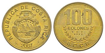 Коста-Рика 100 колонов 2007 KM 240a сталь плакированная латунью UNC 4631-923