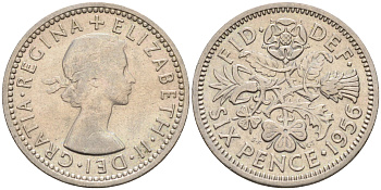 Великобритания 6 пенсов 1956 Елизавета II (1952-2022) KM 903, Spink 4149 медно-никель 4588-1235