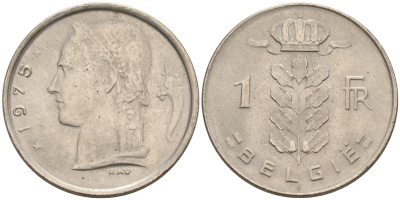 Бельгия 1 франк 1975 Belgie, Бодуэн I (1951-1993) KM 143.1 медно-никель 92-352