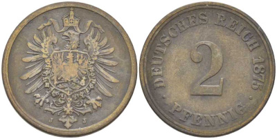 ГЕРМАНИЯ 2 ПФЕННИГА 1875 J, СТАРОГЕРБОВКА KM 2, J. 2, Weege 3 медь 212-544