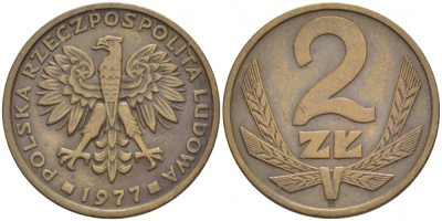 ПОЛЬША 2 ЗЛОТЫХ 1977 ЛЕНИНГРАДСКИЙ МОНДВОР KM 80.1 латунь 4516-1246
