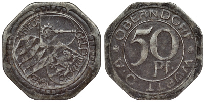 Германия, Оберндорф-ам-Неккар 50 пфеннигов 1918 Баден-Вюртемберг, нотгельд Funck 392.3A железо 4121-522