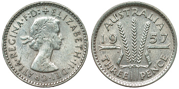 Австралия 3 пенса 1957 m, Елизавета II (1953-) KM 57 серебро 71-526