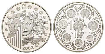 Франция 1 1/2 евро 2002 введение евро, в оригинальной коробке, сертификат KM 1301 серебро  PROOF  1-6-4-64