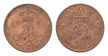 Дания 5 эре 1981 S; B, Маргрете II (1972-2024) KM 859 железо плакированное медью 4617-1067