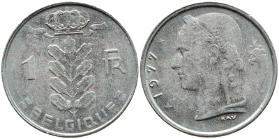 Бельгия 1 франк 1977 Belgique, Бодуэн I (1951-1993) KM 142.1 медно-никель 4391-1255