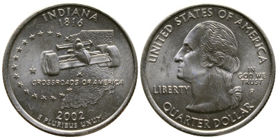 США 25 центов = квотер 2002 Р, серия штаты США, Индиана KM 334 334 медь плакированная медно-никелем 56-822