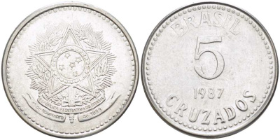 Бразилия 5 крузадо 1987 реформа (1986-1989) KM 606 нержавеющая сталь 31-731