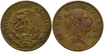 Мексика 5 сентаво 1956 Жозефа Ортис де Домингес KM 426 латунь 4189-731