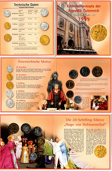 Австрия годовой набор из 6 монет (10 и 50 грошей; 1, 5, 10 и 20 шиллингов) 1999 70 лет со дня смерти Гуго фон Гофмансталя, в оригинальном буклете KM MS8 (2878, 2885, 2886, 2889a, 2918 и 3056) BU 1-5-3-13