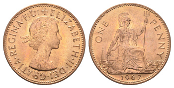 Великобритания 1 пенни 1967 Елизавета II (1952-2022) KM 897, Spink 4157 бронза UNC 4661-941