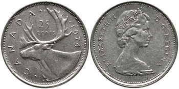 КАНАДА 25 ЦЕНТОВ 1974 ЕЛИЗАВЕТА II (1952-), ОЛЕНЬ, ВТОРОЙ ПОРТРЕТ В КОРОНЕ KM 62b никель 4543-734