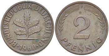 ФРГ 2 ПФЕННИГА 1960 F KM 106, J. 381 бронза 3955-631