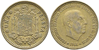 Испания 1 песета 1966 (74) Франсиско Франко (1939-1975) KM 796 алюминиевая бронза 110-1232