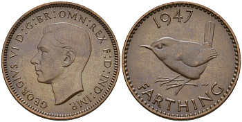 Великобритания 1 фартинг 1947 Георг VI (1936-1952) KM 843, Spink 4116 бронза 4154-262