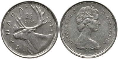 КАНАДА 25 ЦЕНТОВ 1974 ЕЛИЗАВЕТА II (1952-), ОЛЕНЬ, ВТОРОЙ ПОРТРЕТ В КОРОНЕ KM 62b никель 4543-734