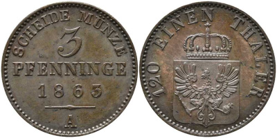ПРУССИЯ 3 ПФЕННИГА 1863 А, ВИЛЬГЕЛЬМ I (1861-1888) KM 482 медь 4448-1111