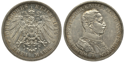 Пруссия 3 марки 1914 Вильгельм II (1888-1918) в мундире KM 538, J.113 серебро 413-2923