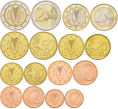ИРЛАНДИЯ ЕВРОНАБОР ИЗ 8 МОНЕТ 2011 1, 2, 5, 10, 20, 50 ЕВРОЦЕНТОВ, 1 И 2 ЕВРО UNC 68-1121