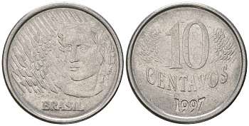 Бразилия 10 сентаво 1997 голова свободы KM 633 нержавеющая сталь 4641-332