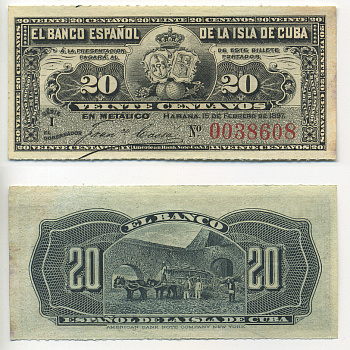 КУБА 20 СЕНТАВО 1897 БАНК ИСПАНИИ ДЛЯ КУБЫ Pick 53 бумага UNC (ПРЕСС) 448-31-1-2