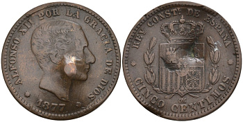 Испания 5 сентимо 1877 ОМ, АЛЬФОНСО XII (1875-1885) KM 674 бронза 4571-1056