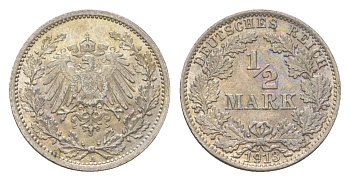 Германия 1/2 марки 1913 A, Вильгельм II (1888-1918) KM 17, J. 16 серебро aUNC 4625-1035