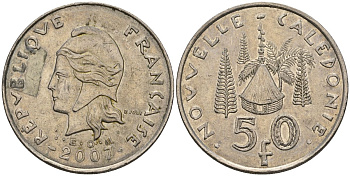 Французская Новая Каледония 50 франков 2007 хижина среди сосен и пальм, (IEOM) KM 13a, Schoen 15a, Lec 128i медно-никель 4144-1211
