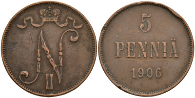 Россия для Финляндии 5 пенни 1906 Николай II (1896-1917) Биткин 447 медь 4159-552
