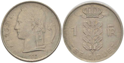 БЕЛЬГИЯ 1 ФРАНК 1952 BELGIQUE, БОДУЭН I (1951-1993) KM 142.1 медно-никель 202-945