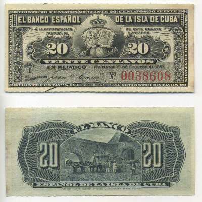 КУБА 20 СЕНТАВО 1897 БАНК ИСПАНИИ ДЛЯ КУБЫ Pick 53 бумага UNC (ПРЕСС) 448-31-1-2