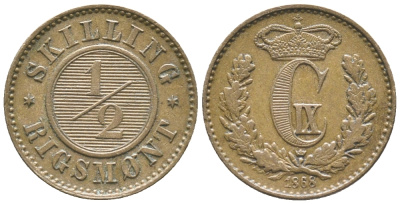 Дания 1/2 скиллинга ригсмонт 1868 Кристиан IX (1863-1906) KM 776 бронза 100-1149