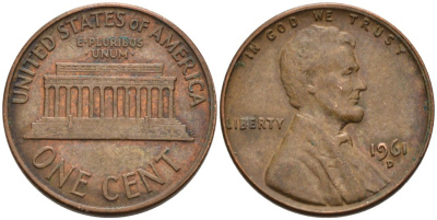 США 1 цент 1961 D, Авраам Линкольн KM 201 медь цинк 4564-354