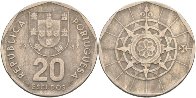 Португалия 20 эскудо 1987 KM 634.1 медно-никель 4571-1243