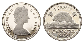 Канада 5 центов 1986 Елизавета II (1952-2022), бобр KM 60.2a никель PROOF 413-3244