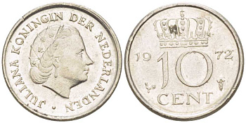 Нидерланды 10 центов 1972 Юлиана (1948-1980) KM 182 никель 214-1261