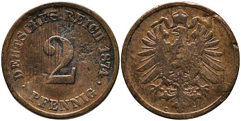 ГЕРМАНИЯ 2 ПФЕННИГА 1874 С, СТАРОГЕРБОВКА KM 2, J. 2 медь 116-837