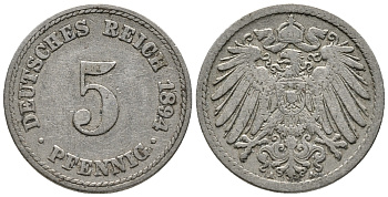 ГЕРМАНИЯ 5 ПФЕННИГОВ 1894 A KM 11, J. 12 медно-никель 39-667