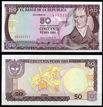 Колумбия 50 песо 1983 Камило Торрес Тенорио, орхидеи  Pick 422 b  бумага  UNC (пресс) 447-74-2